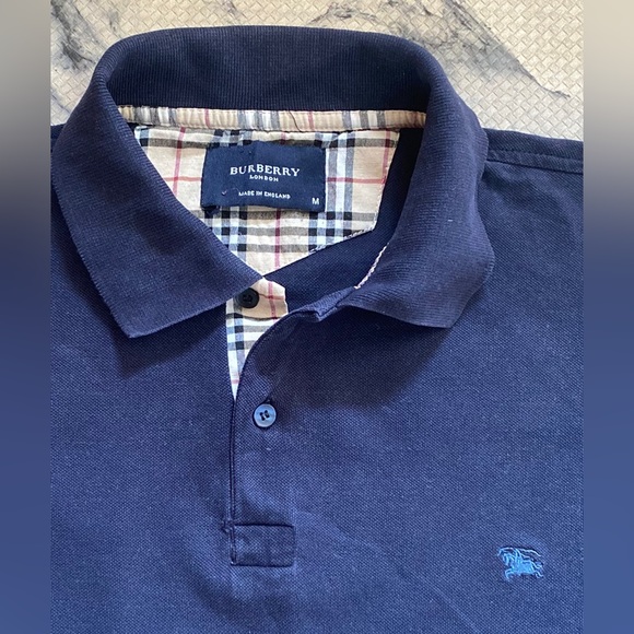 Mens BURBERRY Upscale Polo🐴Navy/ Nova Check Details & sleeve LOGO🔥20.5”p-p-MED - Picture 13 of 16